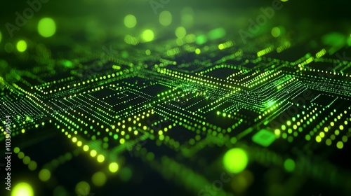 A vibrant, close-up view of a digital circuit board illuminated by green lights, symbolizing technology and connectivity.