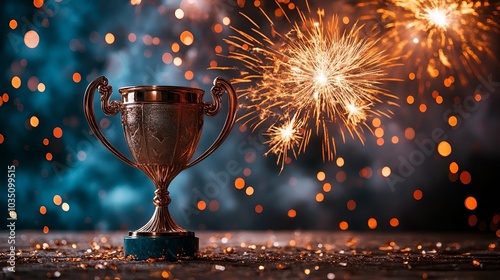 A gleaming trophy is surrounded by colorful bokeh and sparklers, symbolizing celebration and achievement.