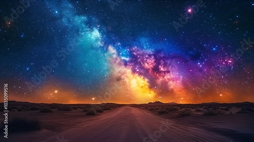 A stunning night sky filled with vibrant stars and a colorful Milky Way, casting a mystical glow over a deserted road.
