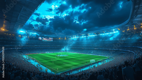 twilight sky at Santiago bernabeu night,Madrid,Spain,generative ai