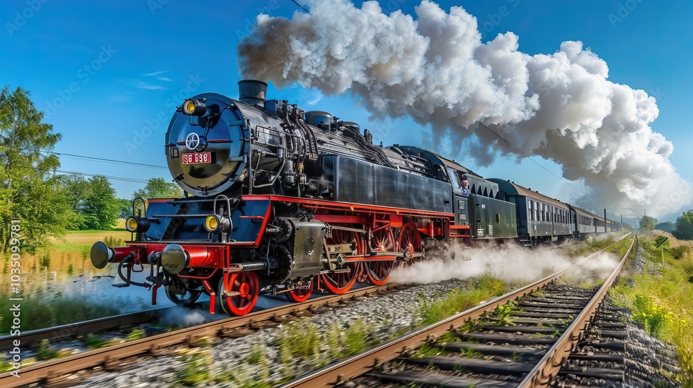 Naklejka premium Steam Train Racing Through the Countryside on a Sunny Day with Smoke Billowing from the Engine