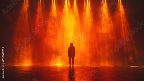 A silhouette stands before dramatic orange water lights.