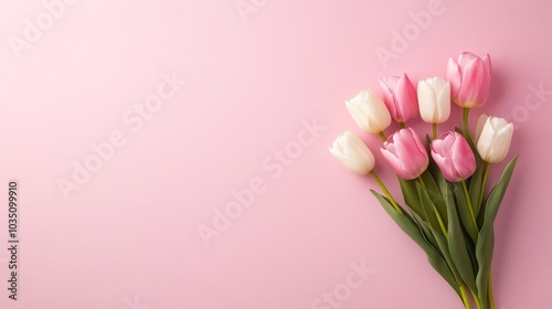 Elegant bouquet of pink and white tulips on pastel background