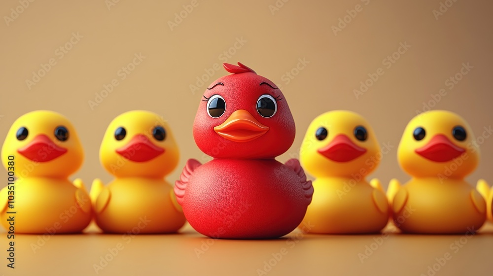 A red rubber duck stands out among yellow rubber ducks. A red rubber duck stands out among yellow rubber ducks.