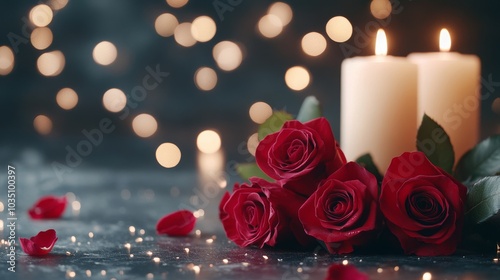 Fototapeta Naklejka Na Ścianę i Meble -  Romantic setting with red roses and candles