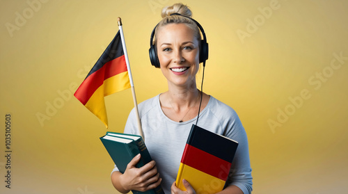Learning German language concept. Woman with headphones is holding German flag and study books, yellow background with copy space. Teaching German for foreigners	