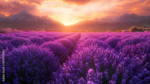 Breathtaking lavender fields at sunset with mountains in background