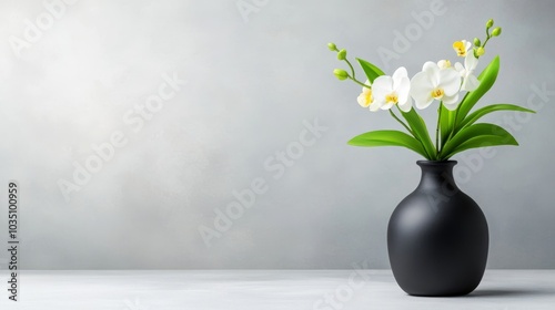 Elegant white orchids in a sleek black vase