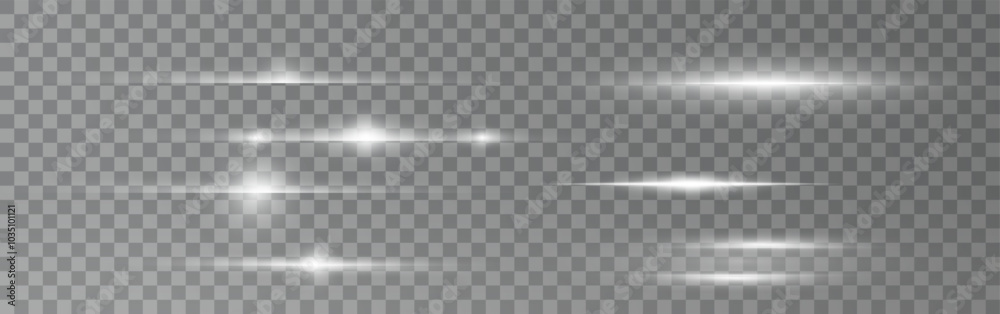 Fototapeta premium White horizontal lens flares pack. Laser beams, horizontal light rays. Beautiful light flares. Glowing streaks on light background. Light line effect White png. 