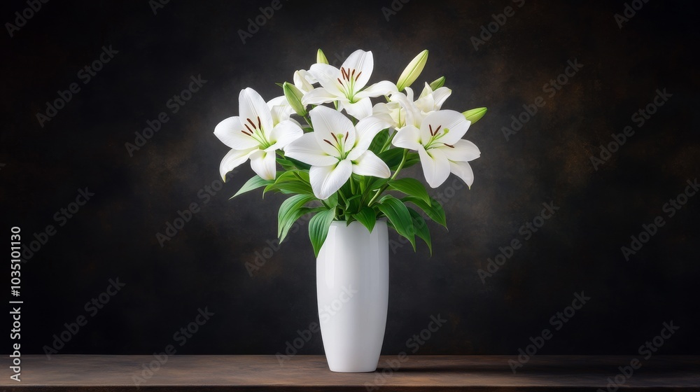 Elegant white lilies in a modern vase against a dark backdrop Elegant white lilies in a modern vase against a dark backdrop