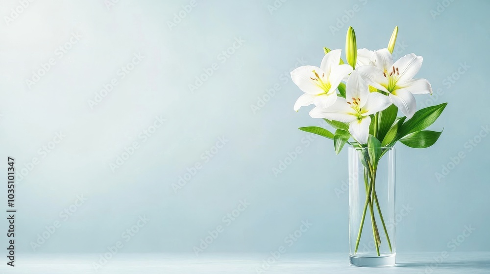 Elegant white lilies in a glass vase against a soft backdrop Elegant white lilies in a glass vase against a soft backdrop