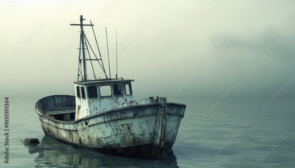 A weathered fishing boat sits alone in a misty sea, its future uncertain. A weathered fishing boat sits alone in a misty sea, its future uncertain.