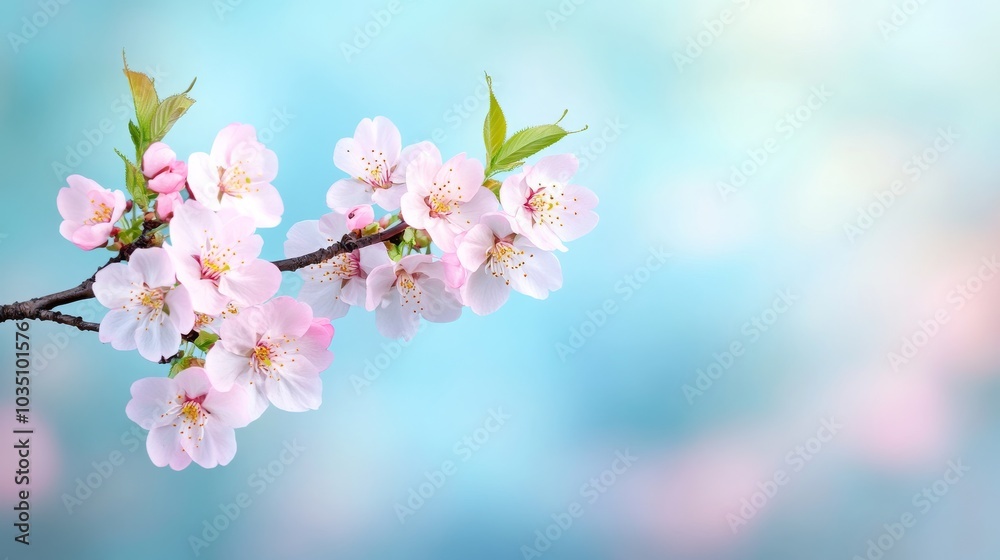 Delicate cherry blossoms against a soft blue background Delicate cherry blossoms against a soft blue background