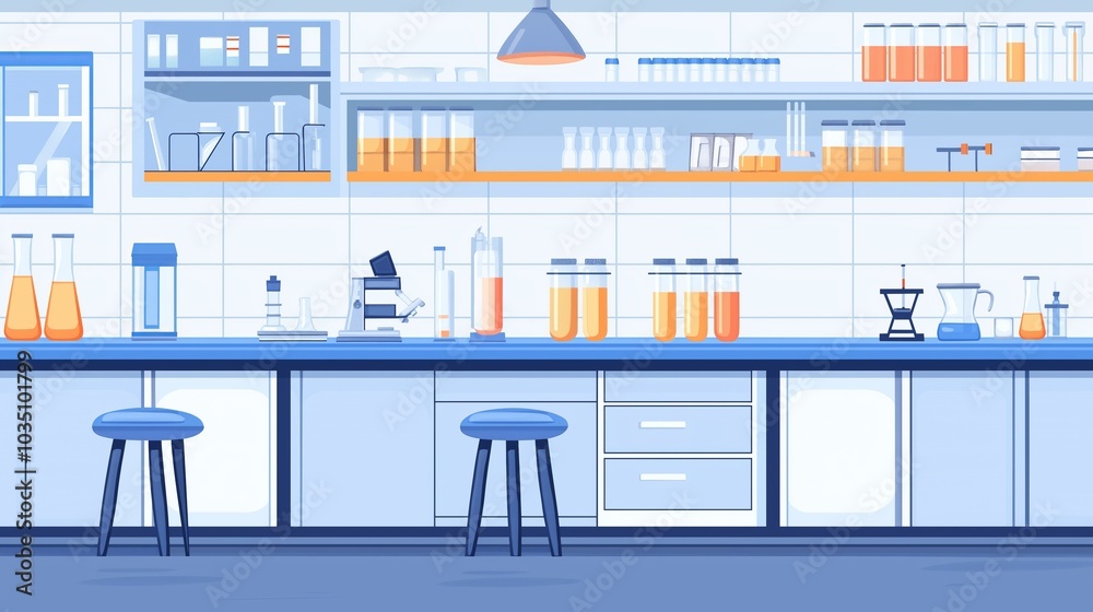 A clean, well-lit laboratory workspace with beakers, test tubes, and other equipment
