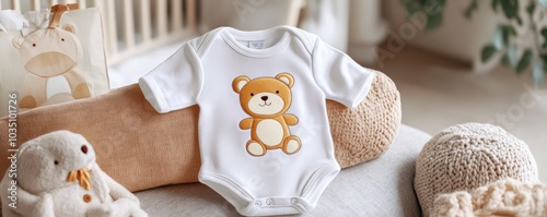 Adorable baby onesie with a cute bear design, perfect for newborn photography and infant fashion.