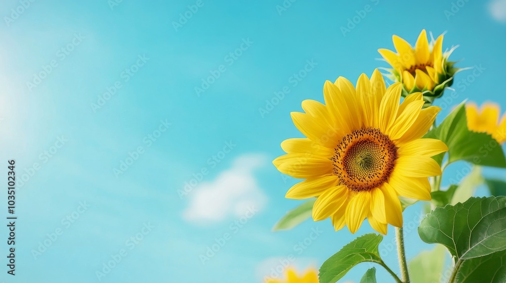 Bright sunflowers blooming under a clear blue sky Bright sunflowers blooming under a clear blue sky