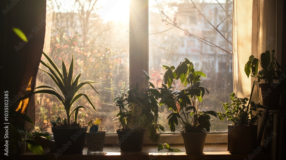 Sunlight Through Window with Indoor Plants Sunlight Through Window with Indoor Plants