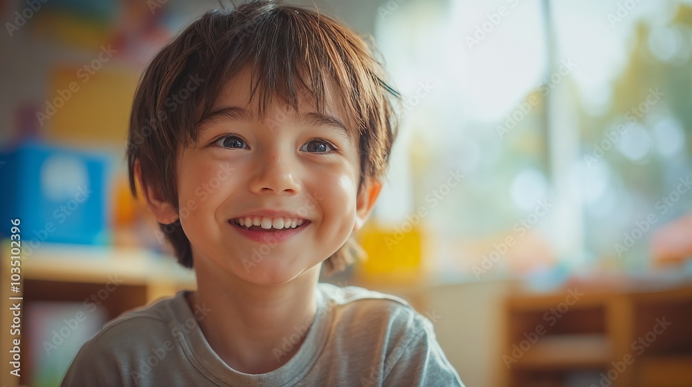 Happy Child Smiling in Playful Indoor Setting Happy Child Smiling in Playful Indoor Setting
