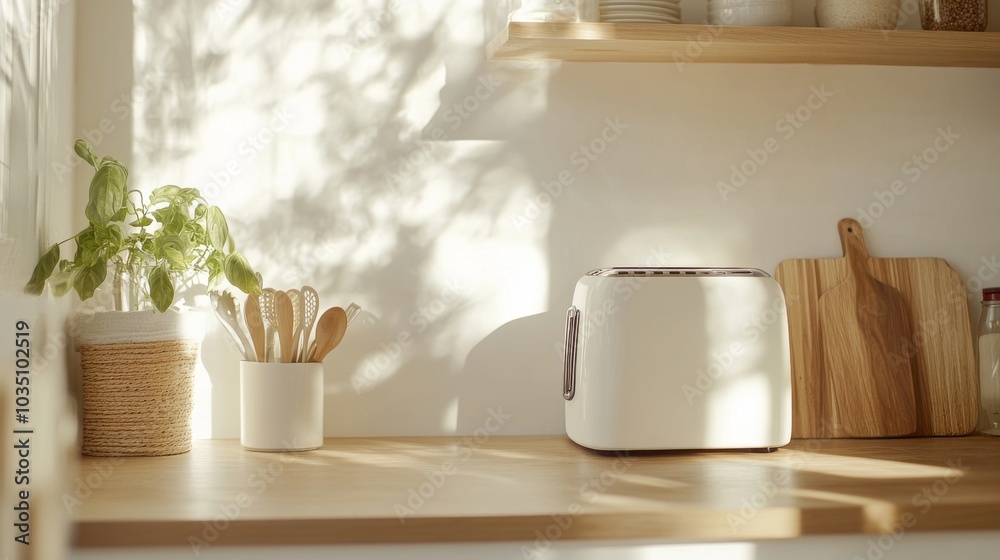 White toaster on kitchen table with kitchen utensils. Vintage and simple kitchen
