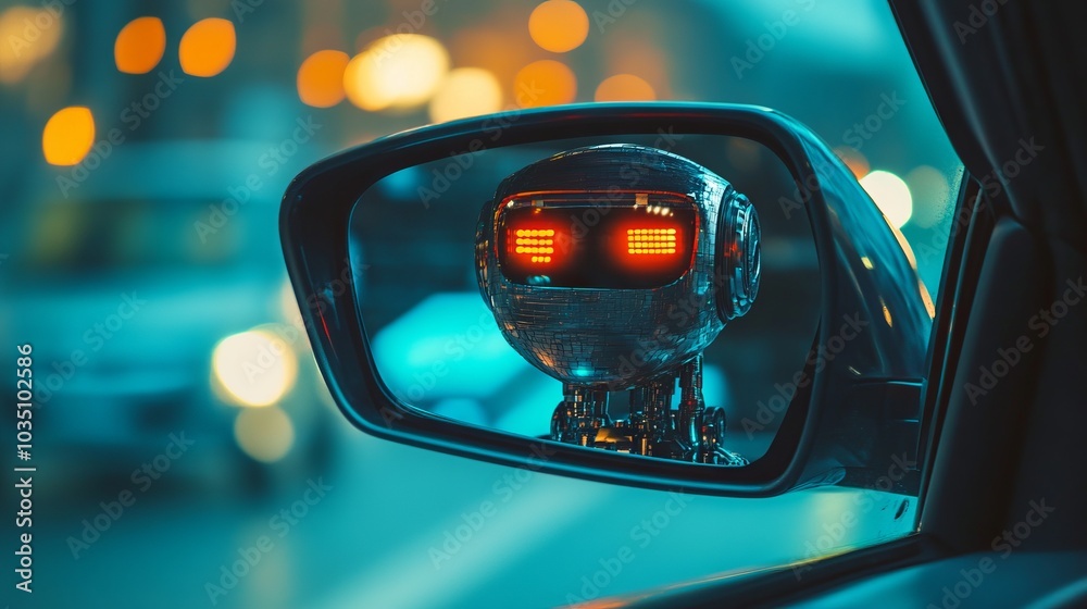 A robot face reflected in a car's rearview mirror, symbolizing autonomous driving and the future of robotaxi services. A robot face reflected in a car's rearview mirror, symbolizing autonomous driving and the future of robotaxi services.