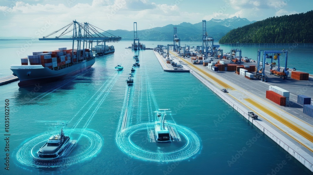 Naklejka premium Autonomous Ships Navigating a Harbor with Cargo Containers and Cranes