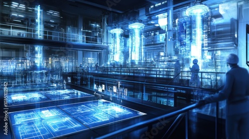 Futuristic Industrial Facility with Blue Luminous Tubes and Digital Screens