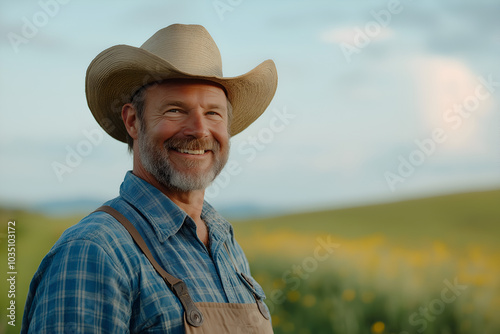 A smiling male farmer standing in a field, People photography, Men in agriculture