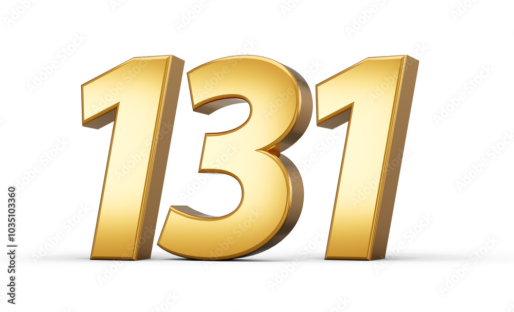 3d number 131 one hundred thirty one Gold text isolated on white background with reflection 3d illustration 3d number 131 one hundred thirty one Gold text isolated on white background with reflection 3d illustration
