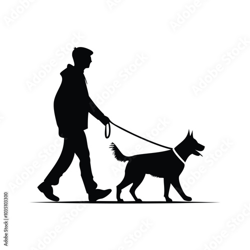 Person Walking Dog on Leash Silhouette Vector Art