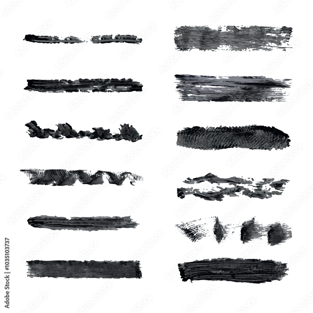 Set of black mascara brushes. Grunge brushes. Stroke texture design. Ink brush strokes. Vector illustration. Set of black mascara brushes. Grunge brushes. Stroke texture design. Ink brush strokes. Vector illustration.