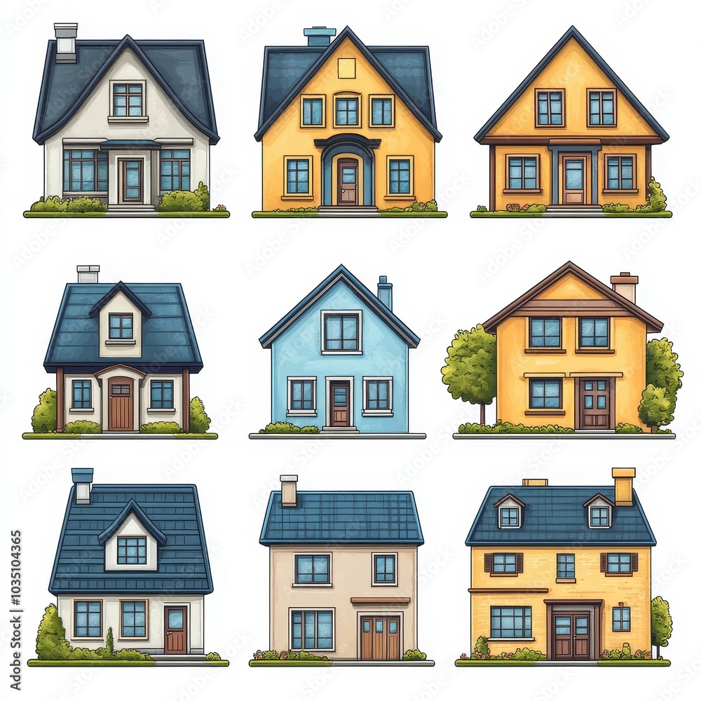 Cartoon Illustration Set Of Colorful Suburban Houses