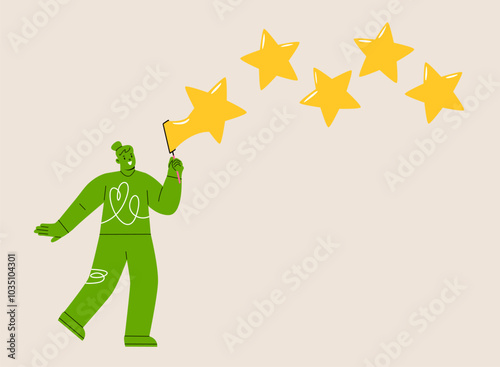 Woman blowing stars bubble. Satisfaction concept. Colorful vector illustration