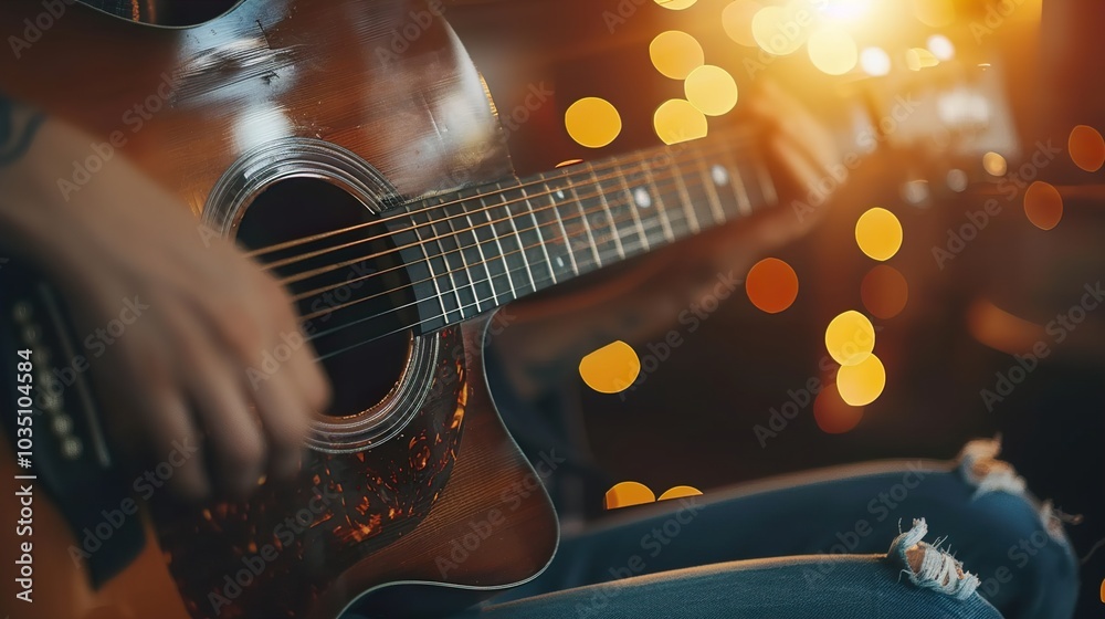 Fototapeta premium Close Up of a Person Playing an Acoustic Guitar