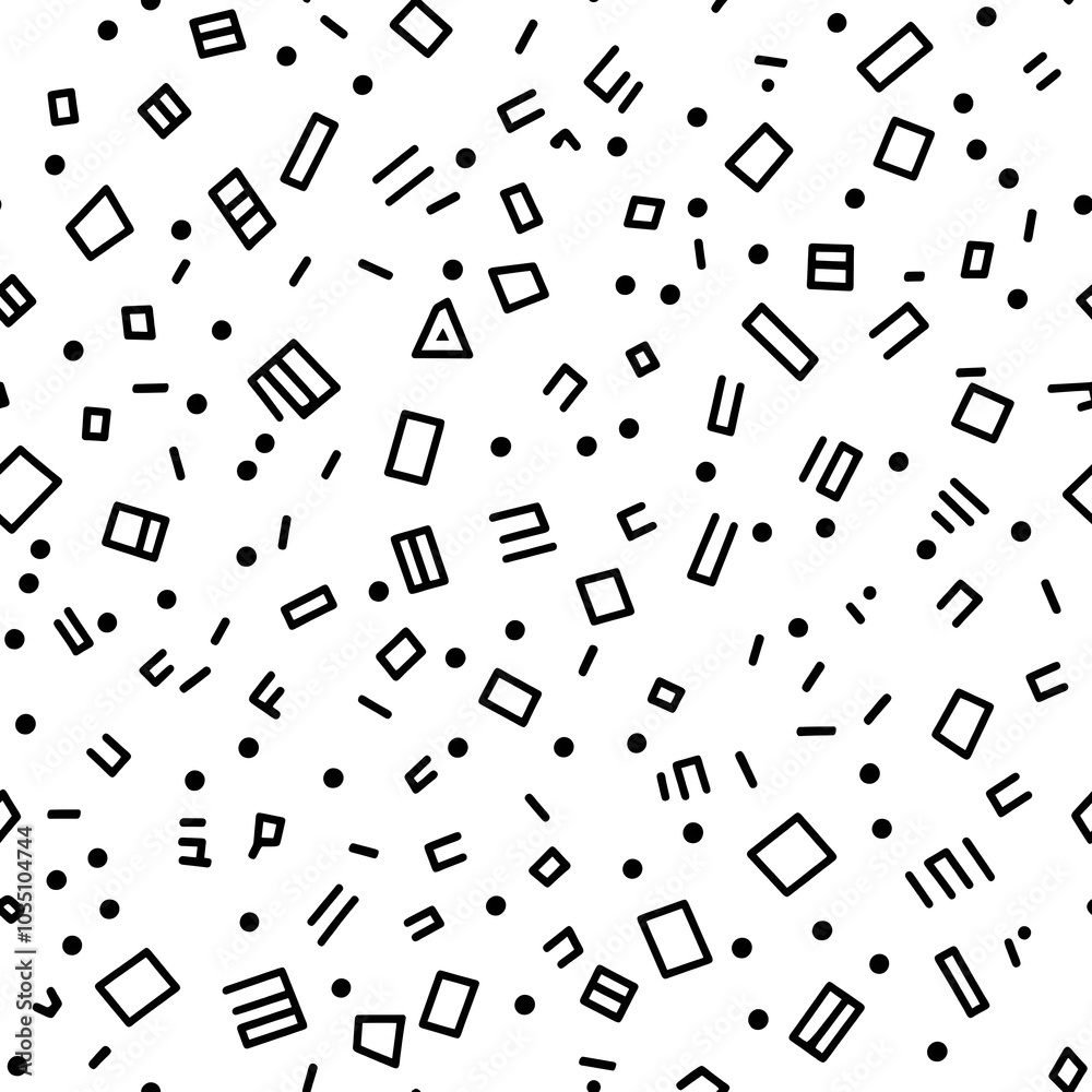 Monochrome Abstract 90s Style Pattern with Black Geometric Shapes on White Monochrome Abstract 90s Style Pattern with Black Geometric Shapes on White