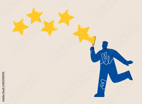 Man blowing stars bubble. Satisfaction concept. Colorful vector illustration