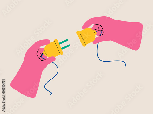 Connect and disconnect concept. Electric plug and outlet socket unplugged. Colorful vector illustration