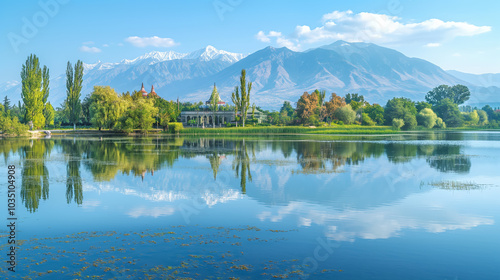 Tranquil Morning at Dal Lake, Srinagar with Majestic Zabarwan Range and Mughal Gardens Reflection photo