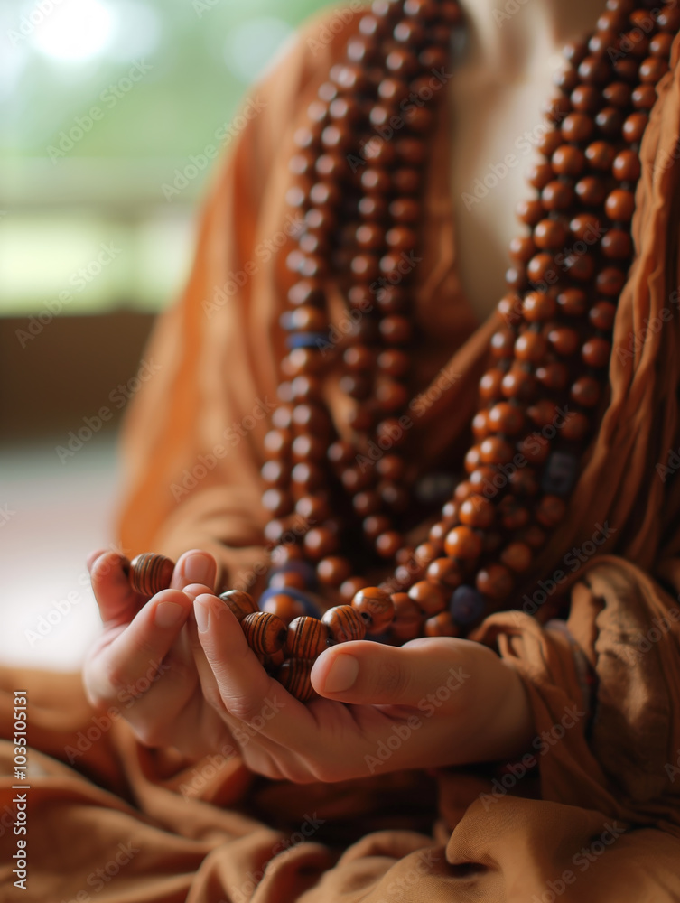 A close-up image of a woman practicing meditation with a Japmala in hand, showing the dhyana mudra for spiritual focus and calmness A close-up image of a woman practicing meditation with a Japmala in hand, showing the dhyana mudra for spiritual focus and calmness