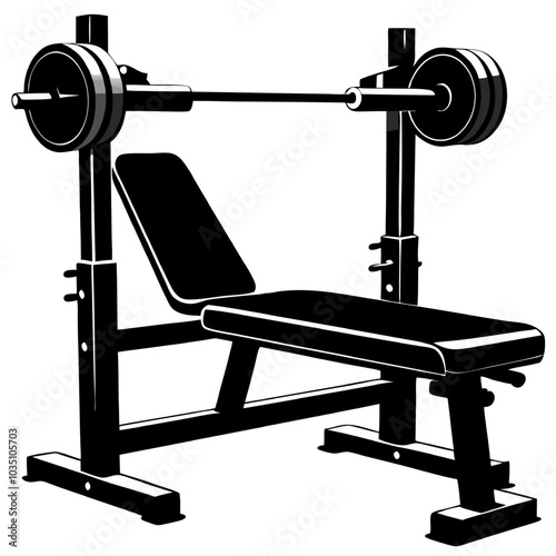 Weight Bench Silhouette: A clean, minimalist silhouette of a weight bench with barbell, perfect for fitness, gym, or workout illustrations.  