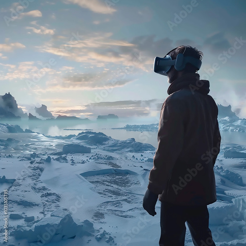 Man in virtual reality glasses on the background of a winter landscape. photo