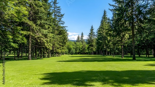 Breathtaking scene of a tranquil forest glade with towering pine trees and soft dappled sunlight filtering through the lush foliage creating an serene and idyllic natural landscape