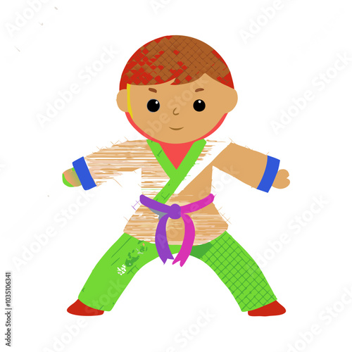 Little Karate Champion: A cheerful illustration of a young boy in a karate gi, ready to strike a pose. Perfect for children's books, websites, or educational materials. 