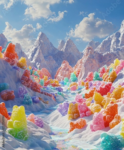 Enchanting Candy Coated Winter Wonderland Landscape with Snowy Mountains and Colorful Confections