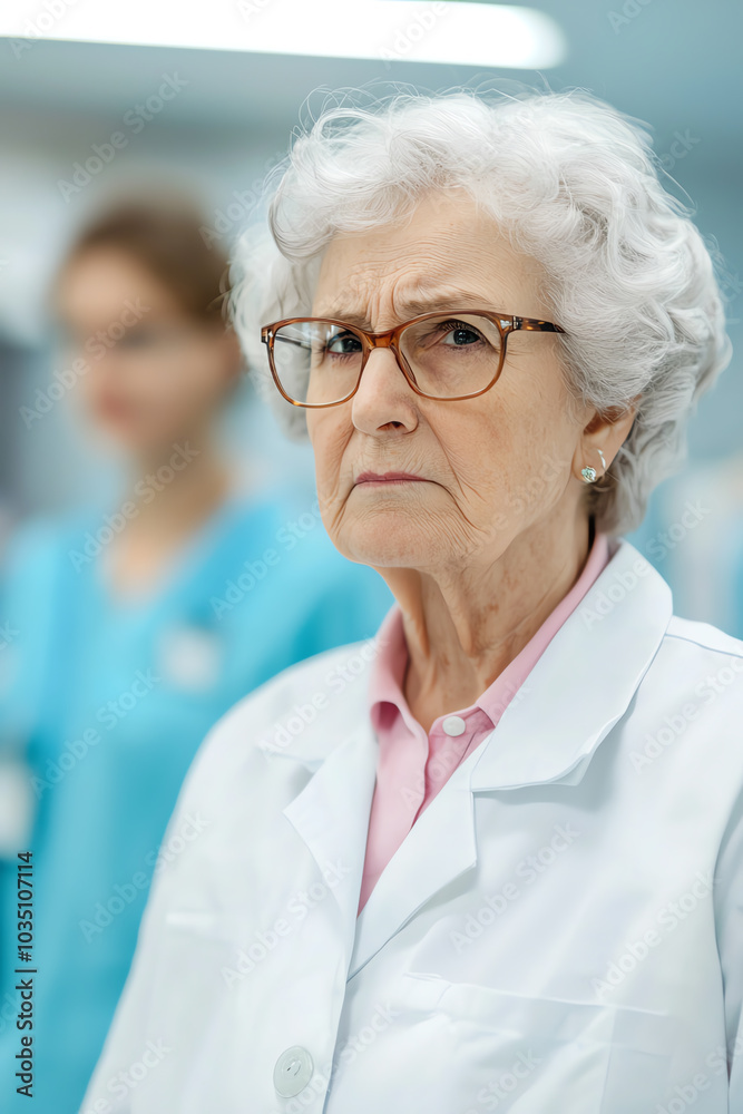 Elderly doctor with serious expression, hospital Elderly doctor with serious expression, hospital