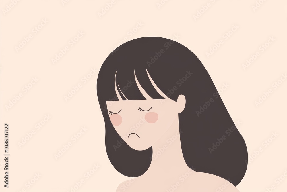 A woman with long dark hair expresses sadness with closed eyes and a frown against a pale background A woman with long dark hair expresses sadness with closed eyes and a frown against a pale background