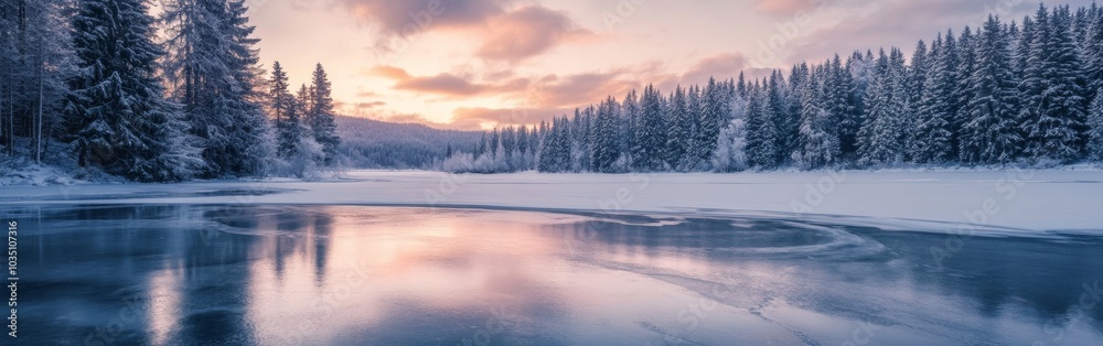 A serene winter landscape showcases a frozen lake reflecting the sunset, surrounded by snow-covered trees in a tranquil forest setting. Wide web banner. A serene winter landscape showcases a frozen lake reflecting the sunset, surrounded by snow-covered trees in a tranquil forest setting. Wide web banner.