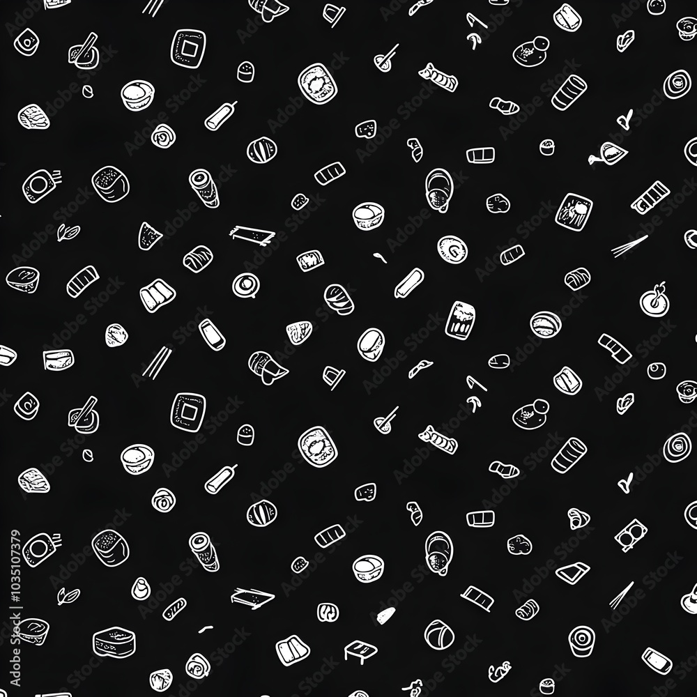 Seamless Pattern of Minimalist Japanese Food Icons on Dark Background Seamless Pattern of Minimalist Japanese Food Icons on Dark Background
