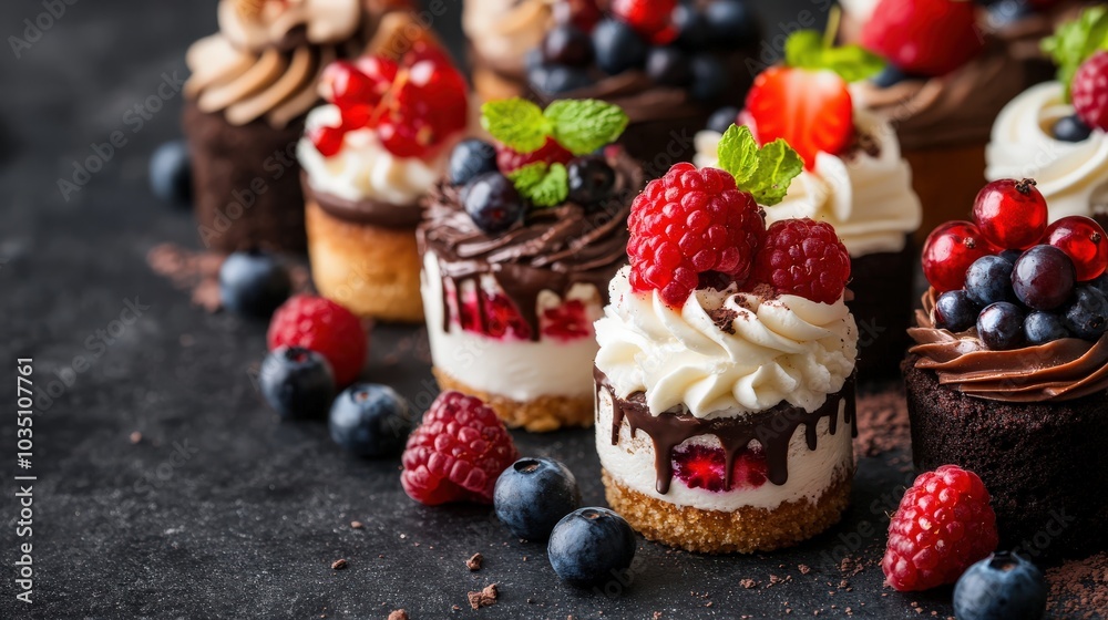 Mini Cakes. Assorted Collection of Small Delights with Cream, Chocolate, and Berries Mini Cakes. Assorted Collection of Small Delights with Cream, Chocolate, and Berries