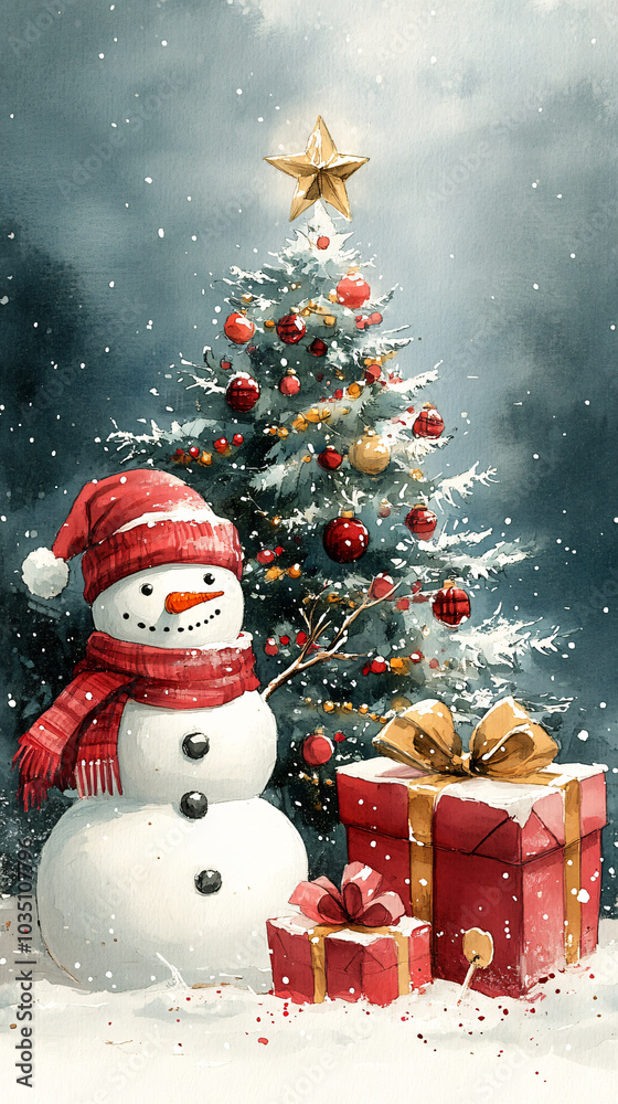 cheerful snowman stands beside beautifully decorated Christmas tree, adorned with colorful ornaments and shining star. Gifts wrapped in festive paper are placed at base, creating joyful winter scene cheerful snowman stands beside beautifully decorated Christmas tree, adorned with colorful ornaments and shining star. Gifts wrapped in festive paper are placed at base, creating joyful winter scene