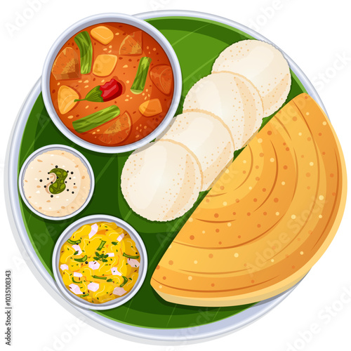 Idli Dosa with Sambar, Potato Curry and Coconut Chutney in Thali Covered with Banana Leaf - Top View Traditional South Indian Cuisine Detailed Illustration 